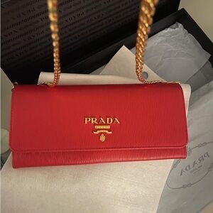 NWT Prada Red Leather Chain Shoulder Wallet with Gold Hardware